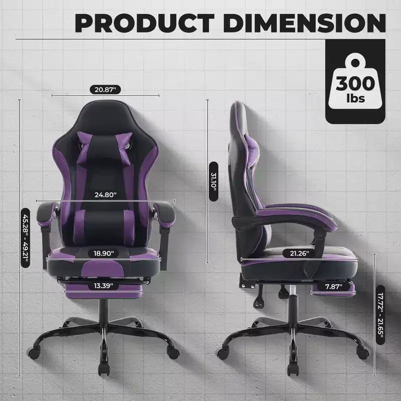 TUYOHW Chaise de bureau gaming pivotante à 360° avec roulettes, dossier inclinable, hauteur d'assise et repose-pieds réglables, chaise de jeu ergonomique, charge maximale 136 kg