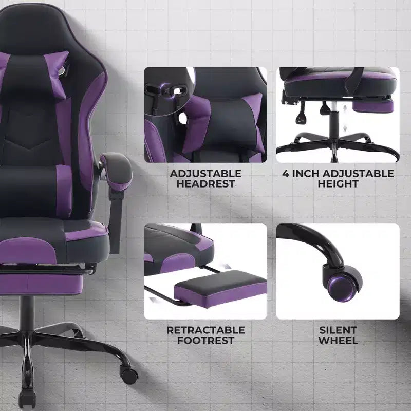 TUYOHW Chaise de bureau gaming pivotante à 360° avec roulettes, dossier inclinable, hauteur d'assise et repose-pieds réglables, chaise de jeu ergonomique, charge maximale 136 kg