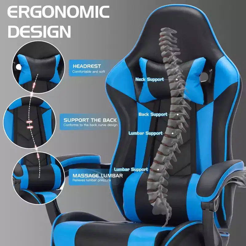 TUYOHW Chaise de bureau gaming pivotante à 360° avec roulettes, dossier inclinable, hauteur d'assise et repose-pieds réglables, chaise de jeu ergonomique, charge maximale 136 kg