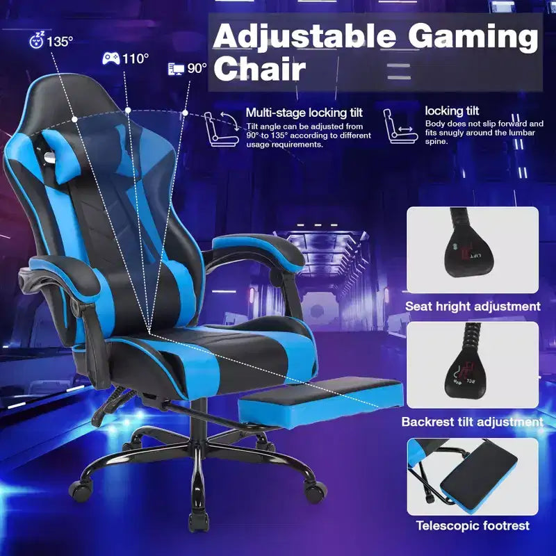 TUYOHW Chaise de bureau gaming pivotante à 360° avec roulettes, dossier inclinable, hauteur d'assise et repose-pieds réglables, chaise de jeu ergonomique, charge maximale 136 kg