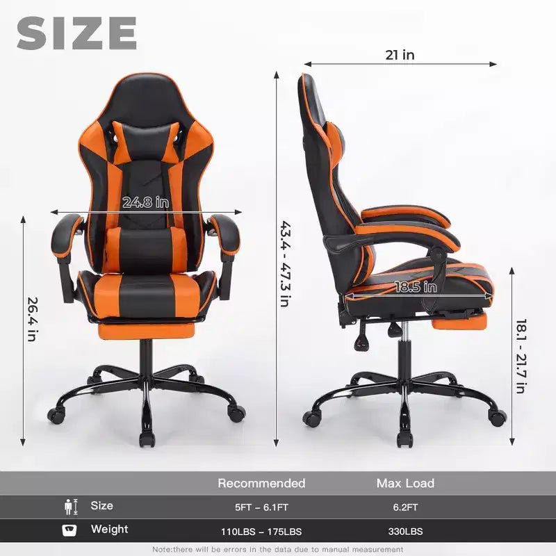 TUYOHW Chaise de bureau gaming pivotante à 360° avec roulettes, dossier inclinable, hauteur d'assise et repose-pieds réglables, chaise de jeu ergonomique, charge maximale 136 kg