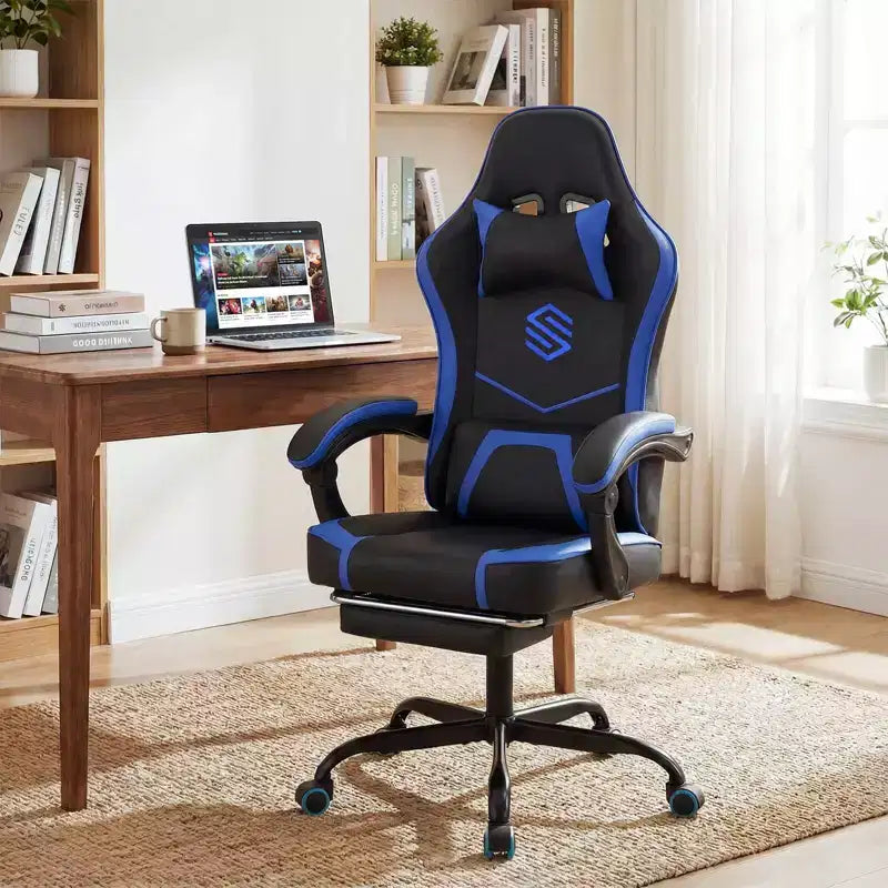 Fauteuil de jeu Costway avec appuie-tête, support lombaire, accoudoirs articulés, dossier inclinable Noir et blanc/Bleu marine et noir