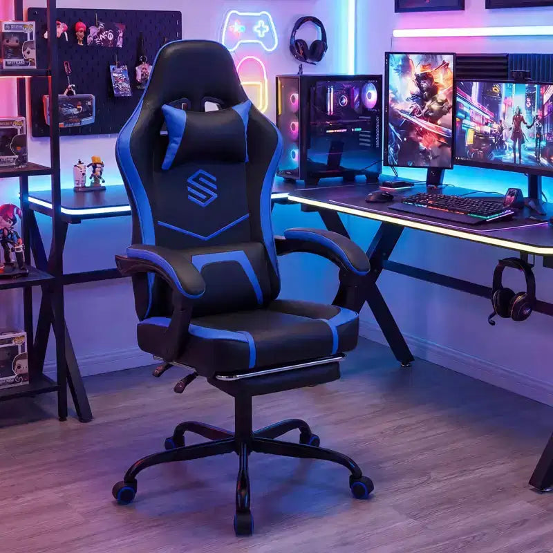 Fauteuil de jeu Costway avec appuie-tête, support lombaire, accoudoirs articulés, dossier inclinable Noir et blanc/Bleu marine et noir