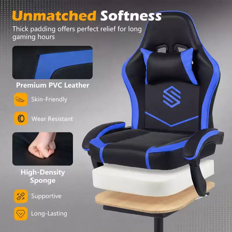 Fauteuil de jeu Costway avec appuie-tête, support lombaire, accoudoirs articulés, dossier inclinable Noir et blanc/Bleu marine et noir