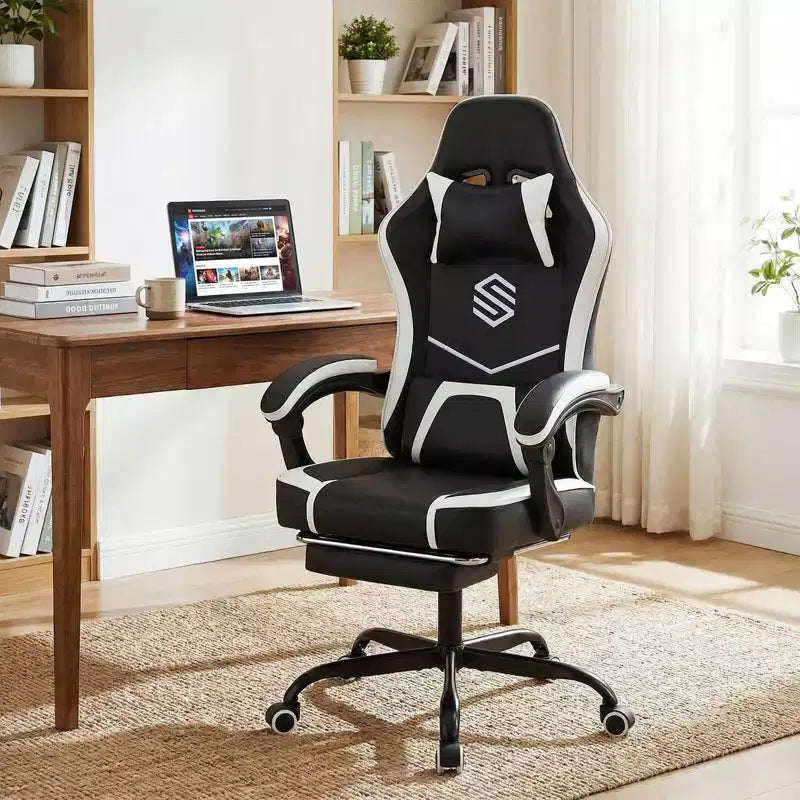 Fauteuil de jeu Costway avec appuie-tête, support lombaire, accoudoirs articulés, dossier inclinable Noir et blanc/Bleu marine et noir
