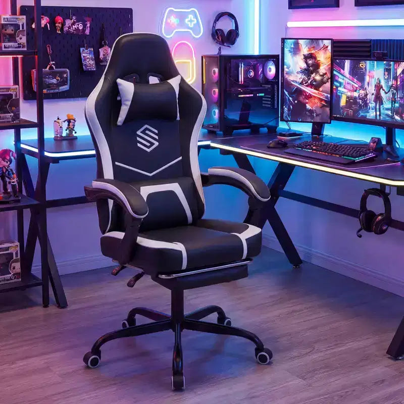 Fauteuil de jeu Costway avec appuie-tête, support lombaire, accoudoirs articulés, dossier inclinable Noir et blanc/Bleu marine et noir