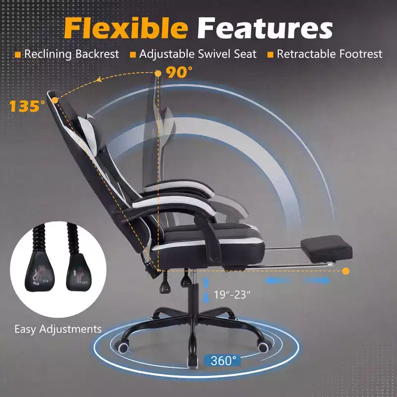 Fauteuil de jeu Costway avec appuie-tête, support lombaire, accoudoirs articulés, dossier inclinable Noir et blanc/Bleu marine et noir