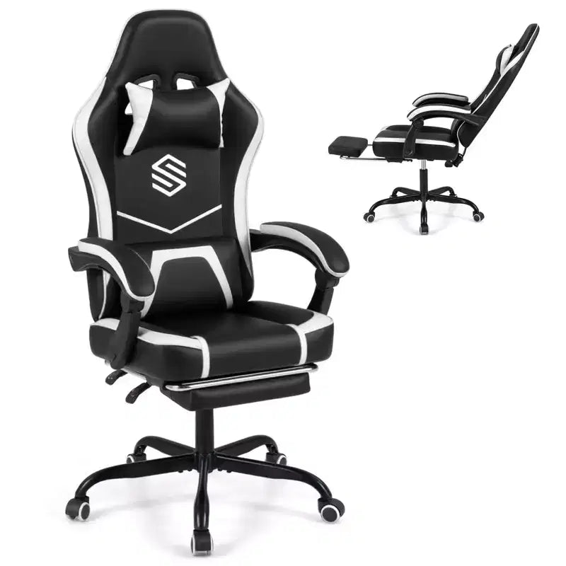Costway Gaming Chair with Headrest, Lumbar Support, Linkage Armrests, Reclining Backrest Black & White/Navy Blue & Black