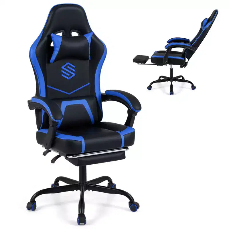 Fauteuil de jeu Costway avec appuie-tête, support lombaire, accoudoirs articulés, dossier inclinable Noir et blanc/Bleu marine et noir