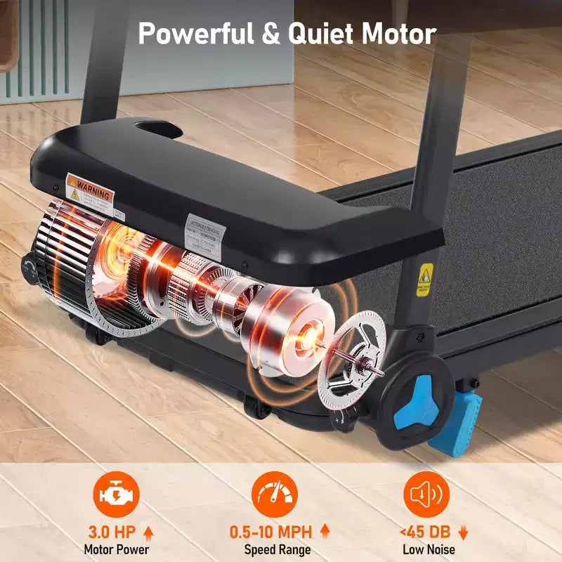 Tapis de course pliable silencieux Whisen 3.0HP, capacité de 136 kg, équipement d'exercice à domicile avec inclinaison, capteurs de fréquence cardiaque - Noir
