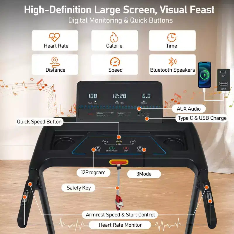 Tapis de course pliable silencieux Whisen 3.0HP, capacité de 136 kg, équipement d'exercice à domicile avec inclinaison, capteurs de fréquence cardiaque - Noir