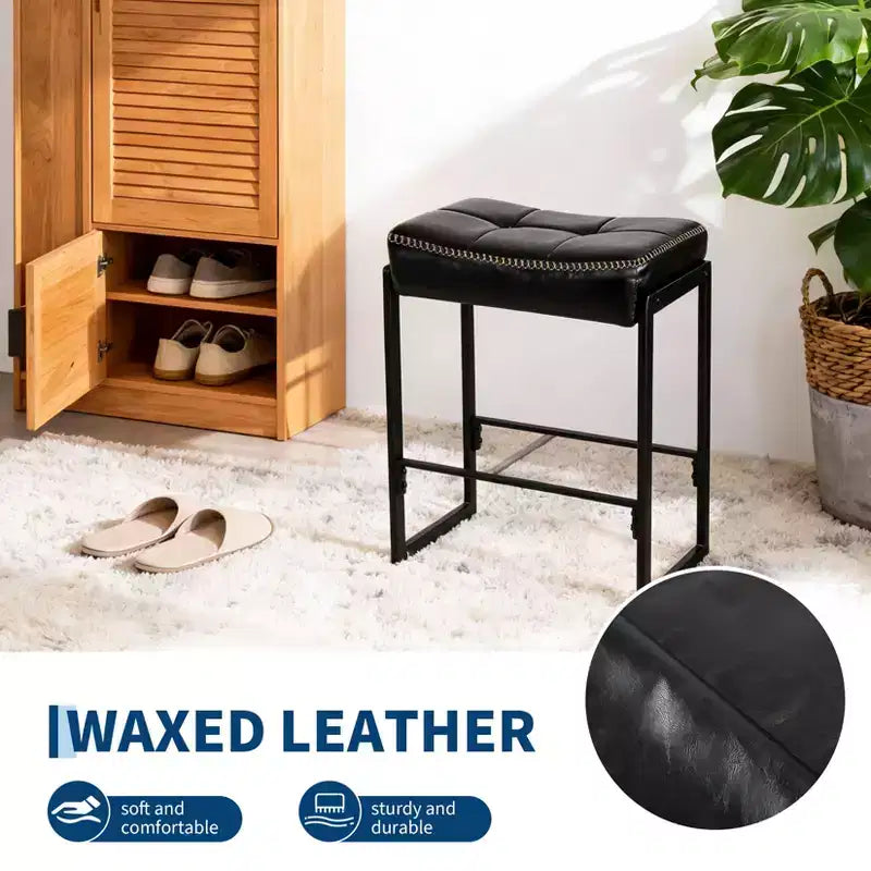 Tabouret de bar selle, hauteur de comptoir de 66 cm avec siège incurvé en cuir ciré, design moderne du milieu du siècle pour îlot de cuisine, salle à manger ou café, noir