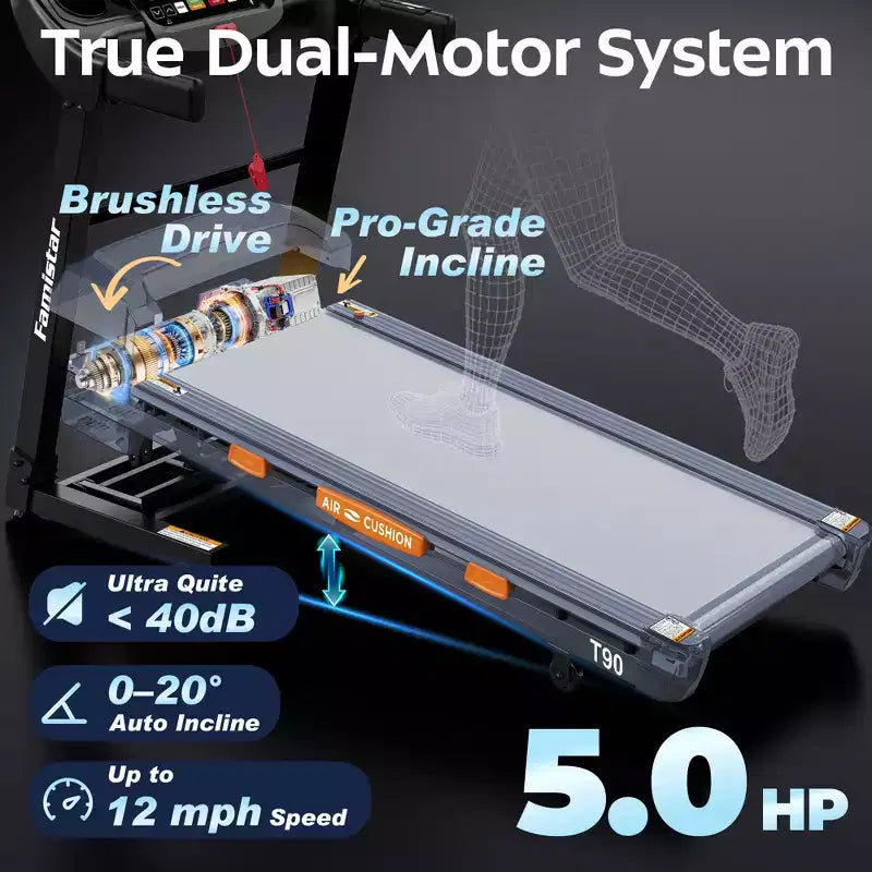 Tapis de course à inclinaison automatique de 20 %, tapis de course pliable 5,1 CV capacité 180 kg, 105 programmes, vitesse 19 km/h, contrôle via APP pour entraînement personnalisé, jogging et marche à domicile