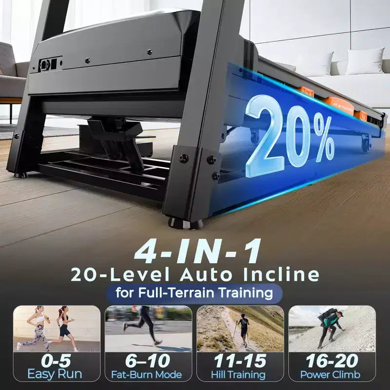 Tapis de course à inclinaison automatique de 20 %, tapis de course pliable 5,1 CV capacité 180 kg, 105 programmes, vitesse 19 km/h, contrôle via APP pour entraînement personnalisé, jogging et marche à domicile
