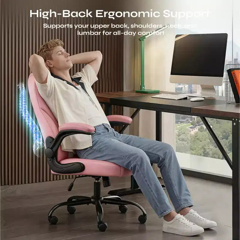 Chaise de bureau ergonomique Pinmoco avec coussin double couche, chaise de jeu avec roulettes et accoudoirs relevables, cuir PU