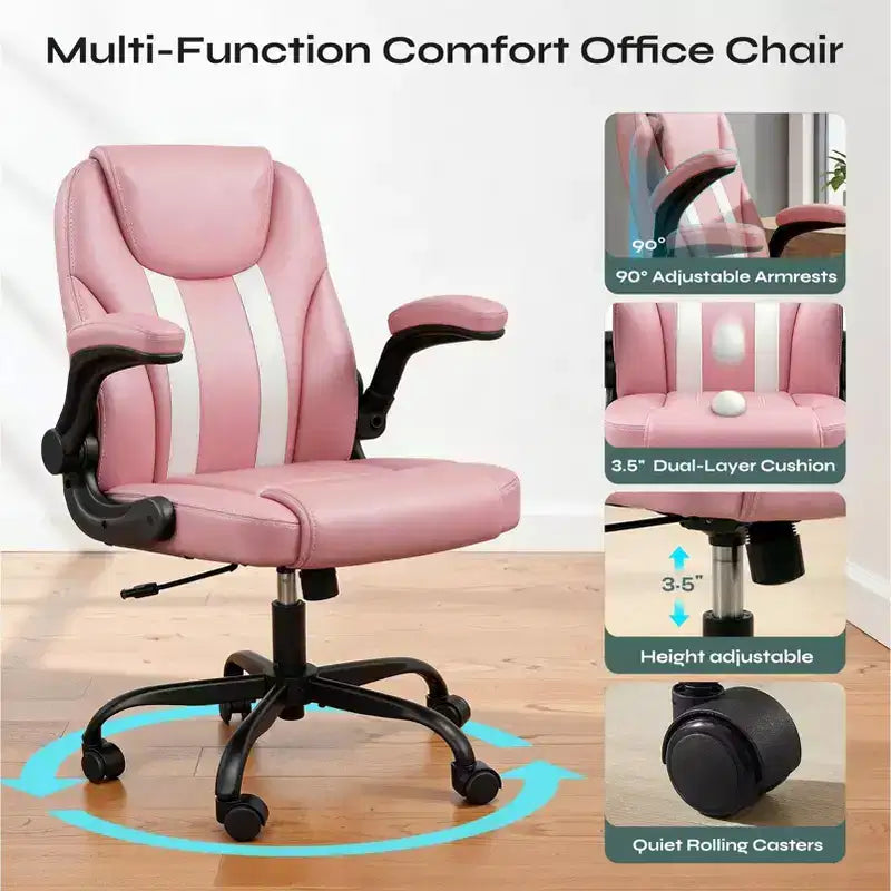 Chaise de bureau ergonomique Pinmoco avec coussin double couche, chaise de jeu avec roulettes et accoudoirs relevables, cuir PU