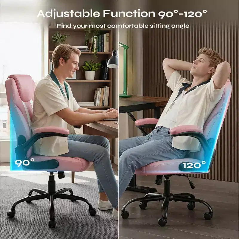 Chaise de bureau ergonomique Pinmoco avec coussin double couche, chaise de jeu avec roulettes et accoudoirs relevables, cuir PU