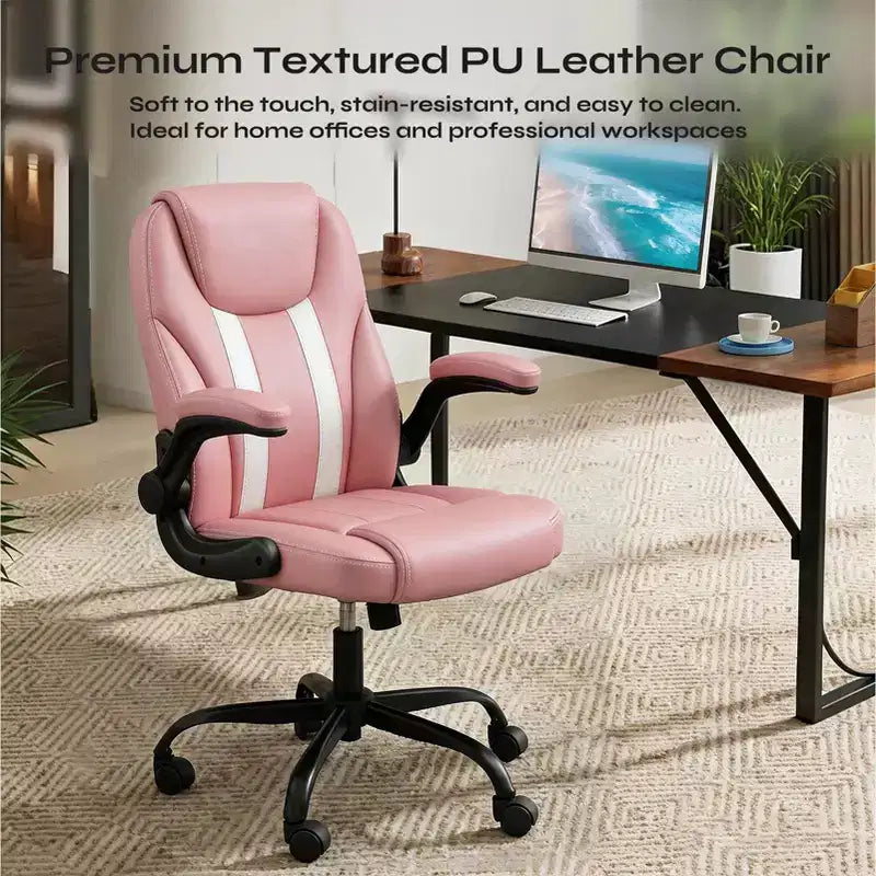 Chaise de bureau ergonomique Pinmoco avec coussin double couche, chaise de jeu avec roulettes et accoudoirs relevables, cuir PU
