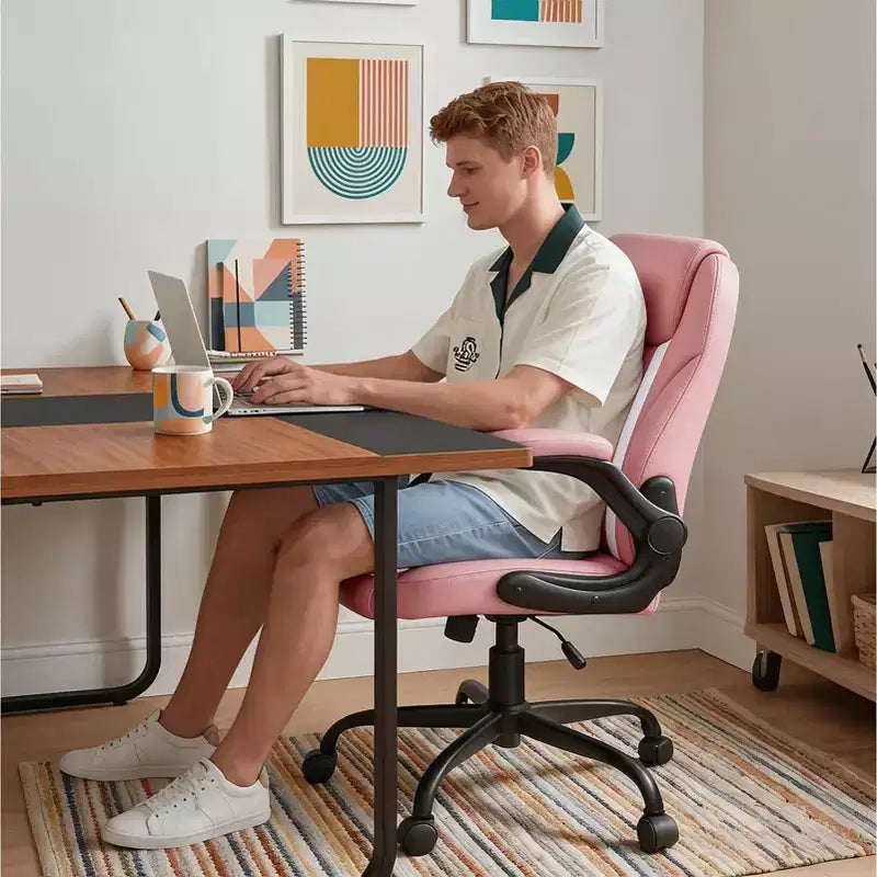 Chaise de bureau ergonomique Pinmoco avec coussin double couche, chaise de jeu avec roulettes et accoudoirs relevables, cuir PU