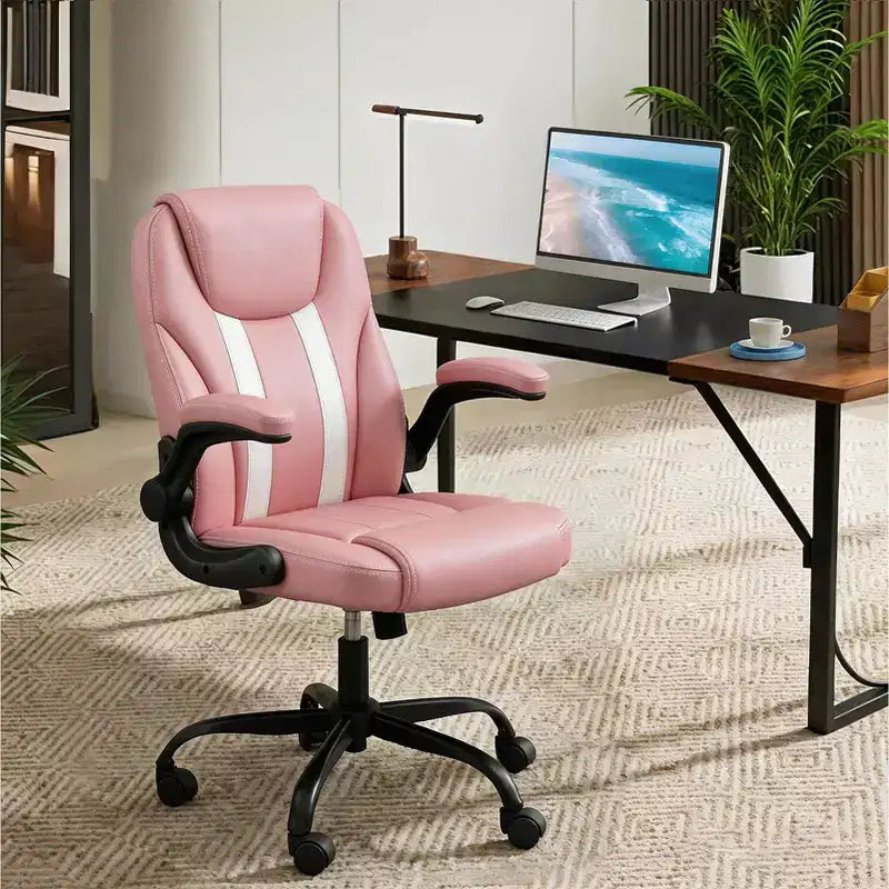 Chaise de bureau ergonomique Pinmoco avec coussin double couche, chaise de jeu avec roulettes et accoudoirs relevables, cuir PU