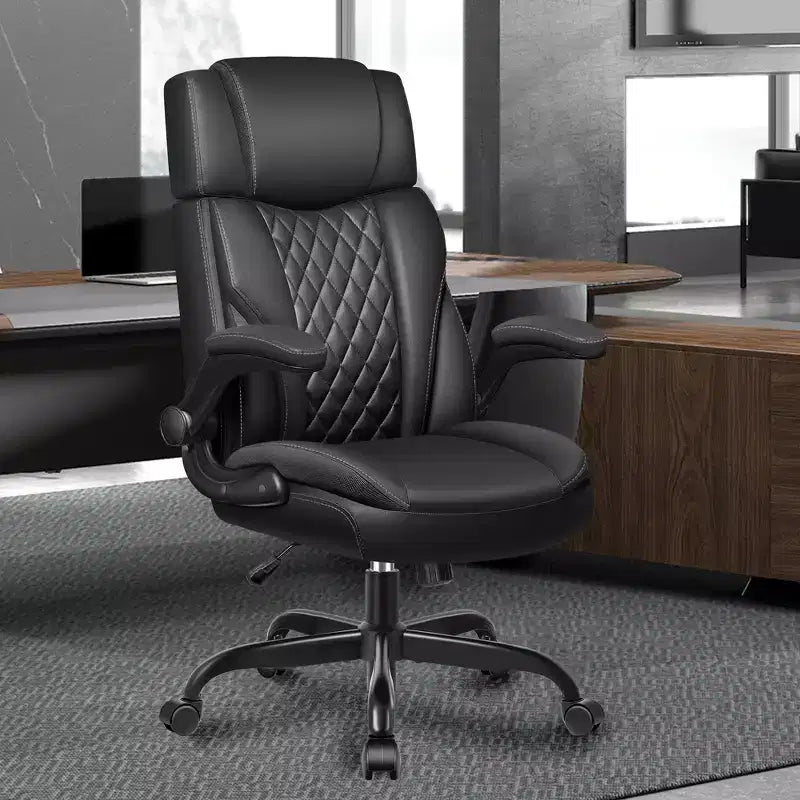 Fauteuil de bureau exécutif en cuir KERDOM, Fauteuil de bureau ergonomique à dossier haut avec support lombaire et accoudoirs rembourrés