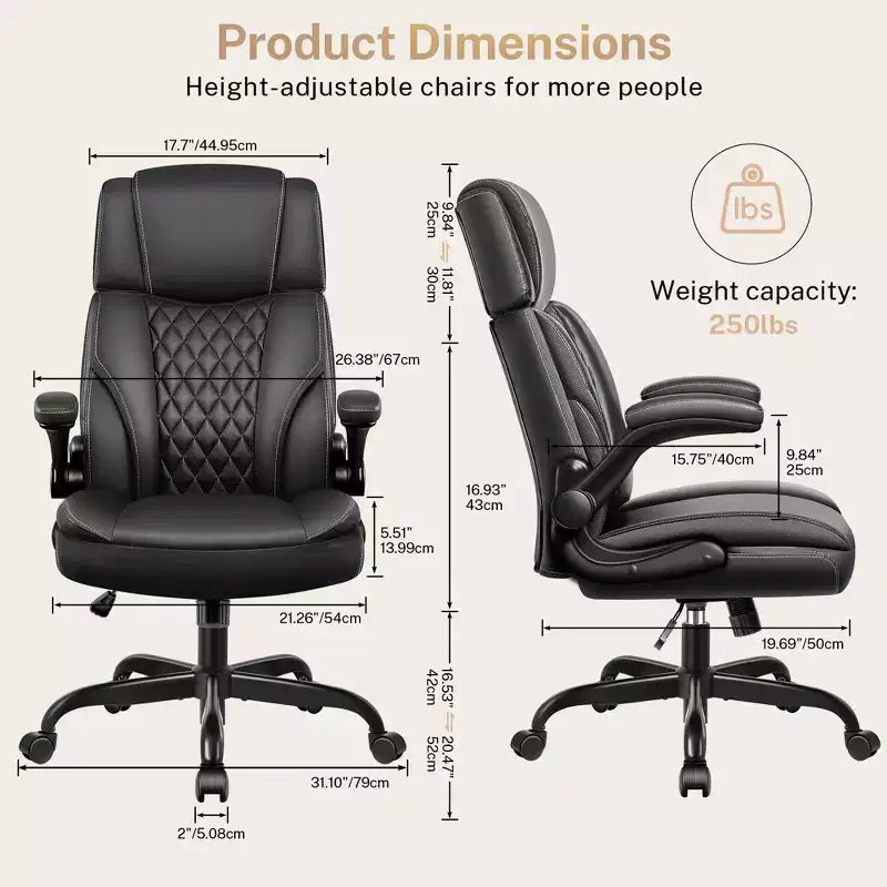 Fauteuil de bureau exécutif en cuir KERDOM, Fauteuil de bureau ergonomique à dossier haut avec support lombaire et accoudoirs rembourrés