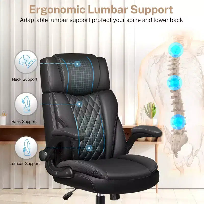 Fauteuil de bureau exécutif en cuir KERDOM, Fauteuil de bureau ergonomique à dossier haut avec support lombaire et accoudoirs rembourrés