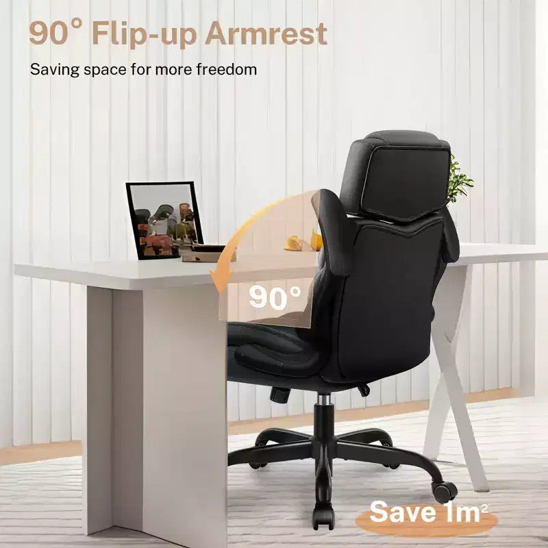 Fauteuil de bureau exécutif en cuir KERDOM, Fauteuil de bureau ergonomique à dossier haut avec support lombaire et accoudoirs rembourrés