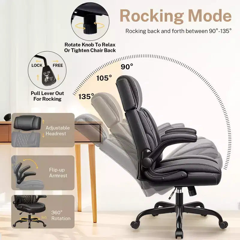 Fauteuil de bureau exécutif en cuir KERDOM, Fauteuil de bureau ergonomique à dossier haut avec support lombaire et accoudoirs rembourrés