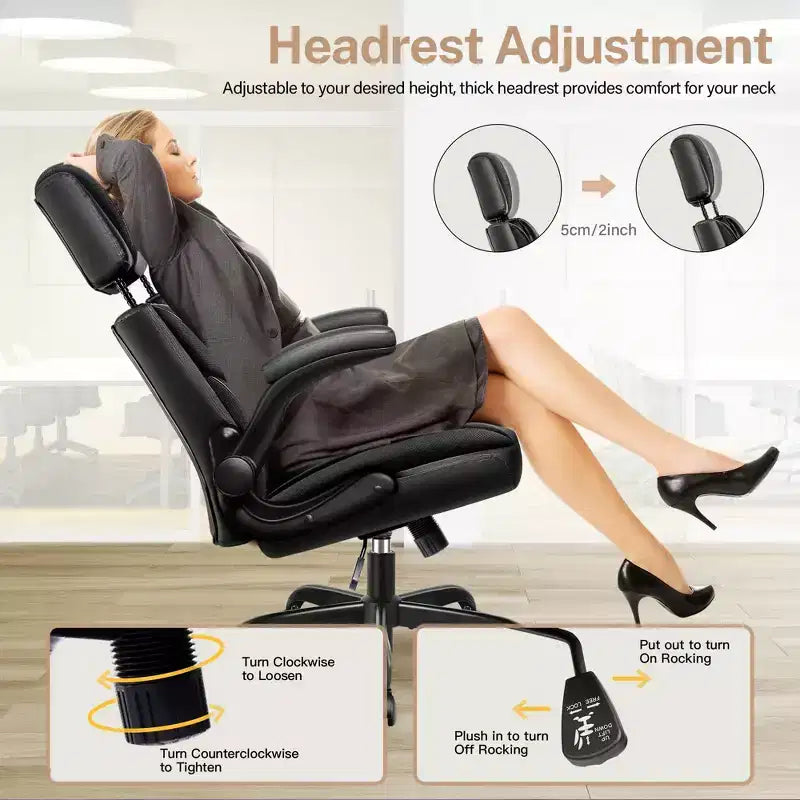 Fauteuil de bureau exécutif en cuir KERDOM, Fauteuil de bureau ergonomique à dossier haut avec support lombaire et accoudoirs rembourrés