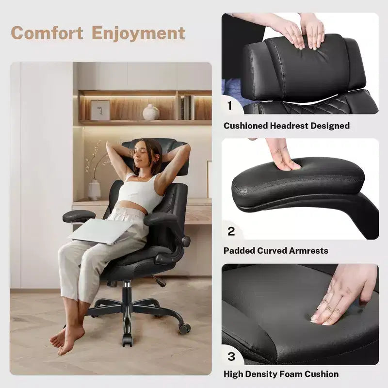 Fauteuil de bureau exécutif en cuir KERDOM, Fauteuil de bureau ergonomique à dossier haut avec support lombaire et accoudoirs rembourrés