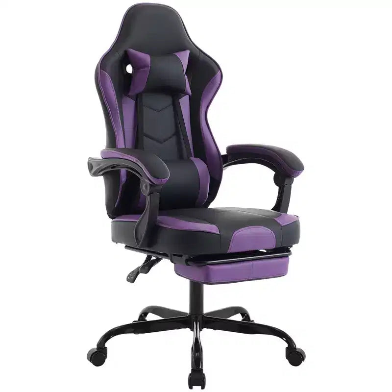 LauKingdom Gaming Chair with Footrest, Ergonomic Computer Chair, Height Adjustable Swivel, Massage Lumbar Support, Video Game Chair, Black & Purple