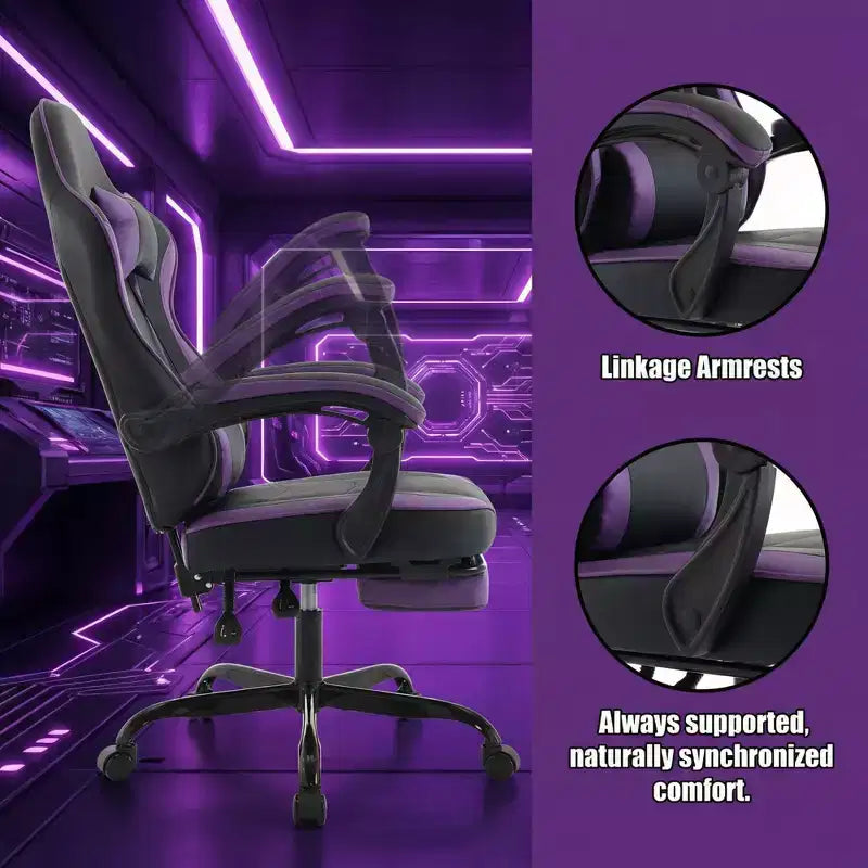Chaise de jeu LauKingdom avec repose-pieds, chaise d'ordinateur ergonomique, pivotante et réglable en hauteur, support lombaire massant, chaise de jeu vidéo, noir et violet
