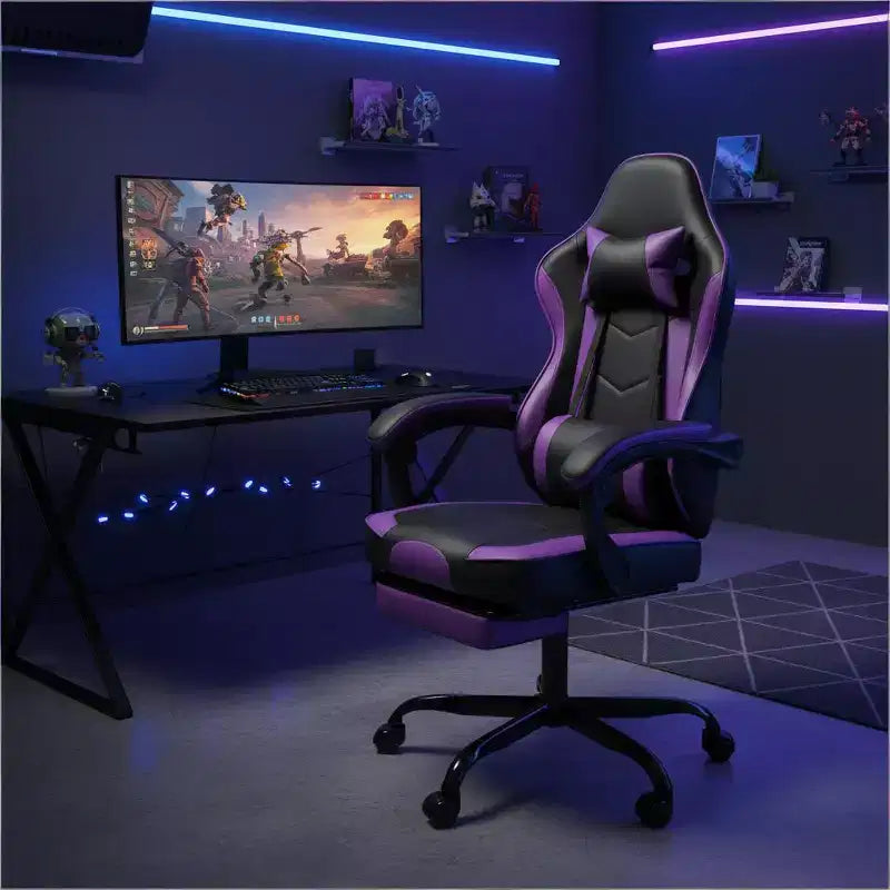 Chaise de jeu LauKingdom avec repose-pieds, chaise d'ordinateur ergonomique, pivotante et réglable en hauteur, support lombaire massant, chaise de jeu vidéo, noir et violet