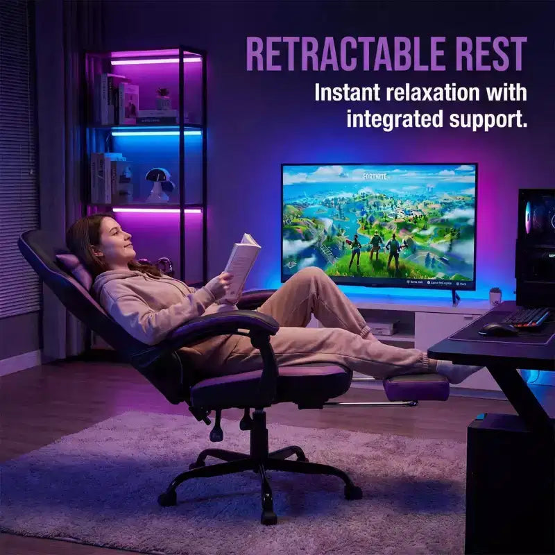 Chaise de jeu LauKingdom avec repose-pieds, chaise d'ordinateur ergonomique, pivotante et réglable en hauteur, support lombaire massant, chaise de jeu vidéo, noir et violet