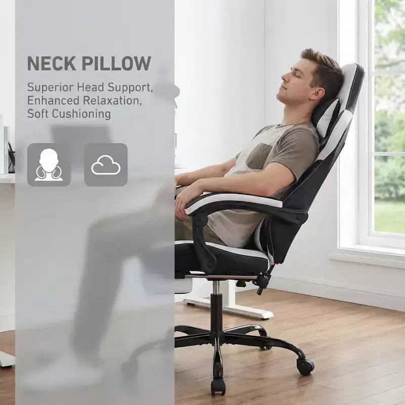 Chaise de Gamer LauKingdom avec Repose-pieds, Fauteuil de Jeu Ergonomique à Dossier Haut, Appui-tête et Soutien Lombaire Réglables, Style Course en Cuir PU pour Bureau et Maison