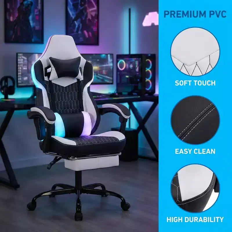 Chaise de Gamer LauKingdom avec Repose-pieds, Fauteuil de Jeu Ergonomique à Dossier Haut, Appui-tête et Soutien Lombaire Réglables, Style Course en Cuir PU pour Bureau et Maison