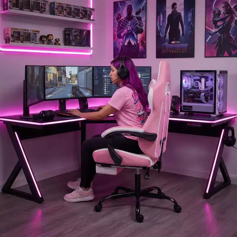Chaise de Gamer LauKingdom avec Repose-pieds, Fauteuil de Jeu Ergonomique à Dossier Haut, Appui-tête et Soutien Lombaire Réglables, Style Course en Cuir PU pour Bureau et Maison