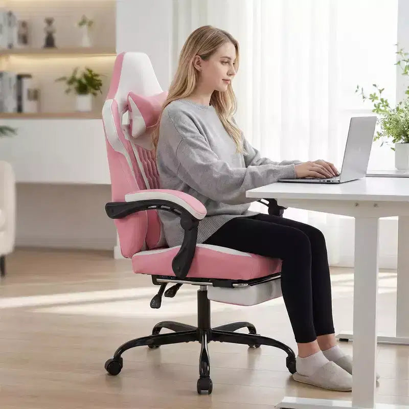 Chaise de Gamer LauKingdom avec Repose-pieds, Fauteuil de Jeu Ergonomique à Dossier Haut, Appui-tête et Soutien Lombaire Réglables, Style Course en Cuir PU pour Bureau et Maison