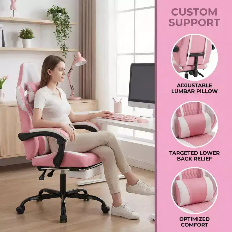 Chaise de Gamer LauKingdom avec Repose-pieds, Fauteuil de Jeu Ergonomique à Dossier Haut, Appui-tête et Soutien Lombaire Réglables, Style Course en Cuir PU pour Bureau et Maison