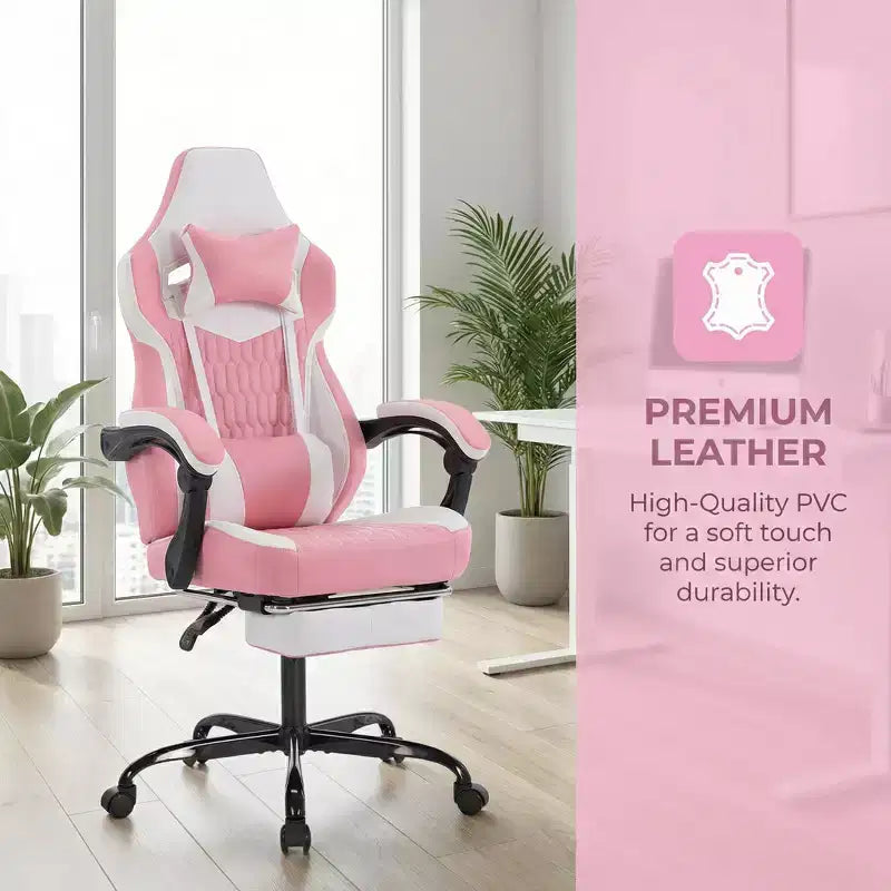 Chaise de Gamer LauKingdom avec Repose-pieds, Fauteuil de Jeu Ergonomique à Dossier Haut, Appui-tête et Soutien Lombaire Réglables, Style Course en Cuir PU pour Bureau et Maison