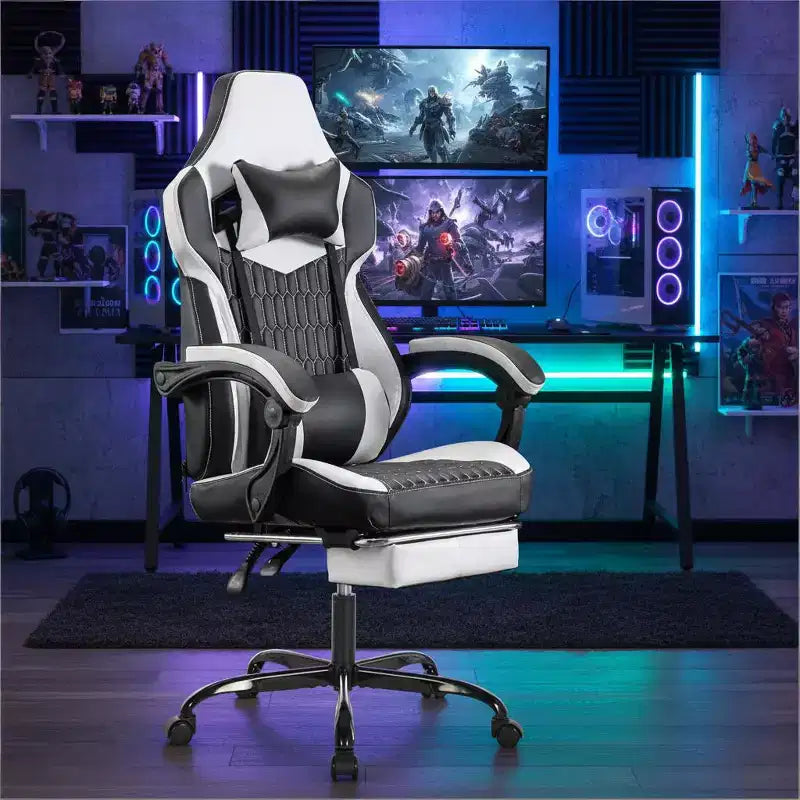 Chaise de Gamer LauKingdom avec Repose-pieds, Fauteuil de Jeu Ergonomique à Dossier Haut, Appui-tête et Soutien Lombaire Réglables, Style Course en Cuir PU pour Bureau et Maison