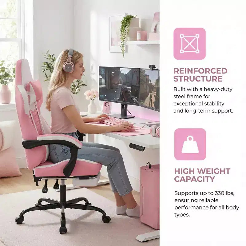 Chaise de Gamer LauKingdom avec Repose-pieds, Fauteuil de Jeu Ergonomique à Dossier Haut, Appui-tête et Soutien Lombaire Réglables, Style Course en Cuir PU pour Bureau et Maison