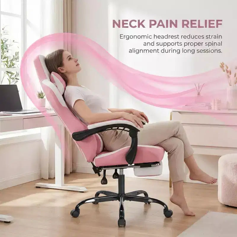Chaise de Gamer LauKingdom avec Repose-pieds, Fauteuil de Jeu Ergonomique à Dossier Haut, Appui-tête et Soutien Lombaire Réglables, Style Course en Cuir PU pour Bureau et Maison