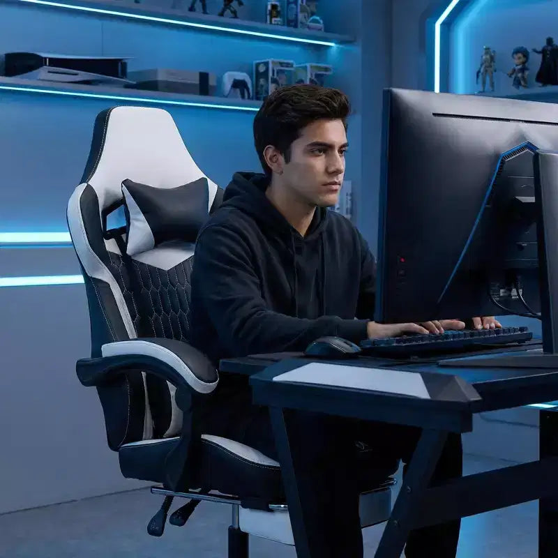 Chaise de Gamer LauKingdom avec Repose-pieds, Fauteuil de Jeu Ergonomique à Dossier Haut, Appui-tête et Soutien Lombaire Réglables, Style Course en Cuir PU pour Bureau et Maison