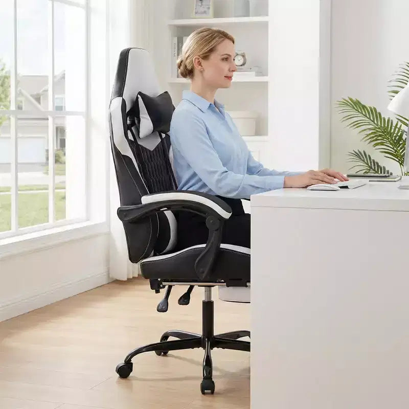 Chaise de Gamer LauKingdom avec Repose-pieds, Fauteuil de Jeu Ergonomique à Dossier Haut, Appui-tête et Soutien Lombaire Réglables, Style Course en Cuir PU pour Bureau et Maison