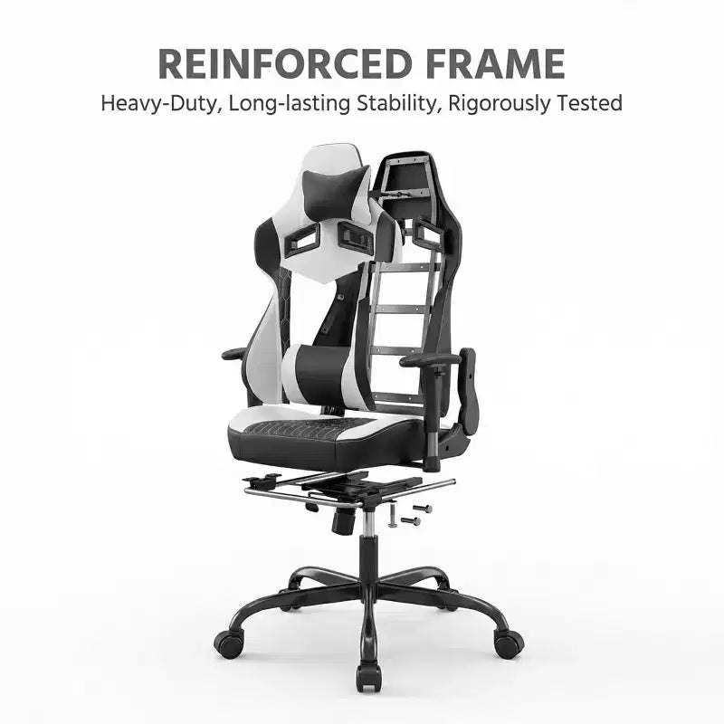 Chaise de Gamer LauKingdom avec Repose-pieds, Fauteuil de Jeu Ergonomique à Dossier Haut, Appui-tête et Soutien Lombaire Réglables, Style Course en Cuir PU pour Bureau et Maison