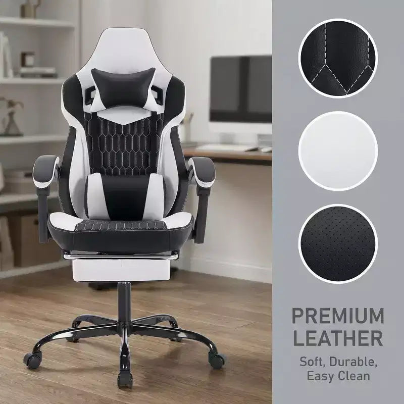 Chaise de Gamer LauKingdom avec Repose-pieds, Fauteuil de Jeu Ergonomique à Dossier Haut, Appui-tête et Soutien Lombaire Réglables, Style Course en Cuir PU pour Bureau et Maison