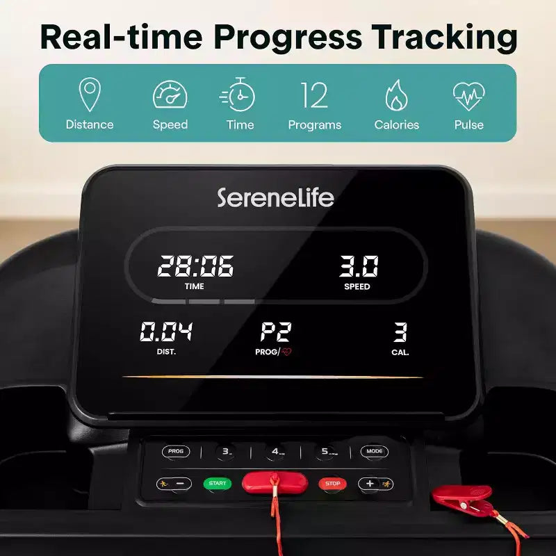 Tapis de course numérique intelligent pliable SereneLife – 12 programmes prédéfinis (SLFTRD40BT)