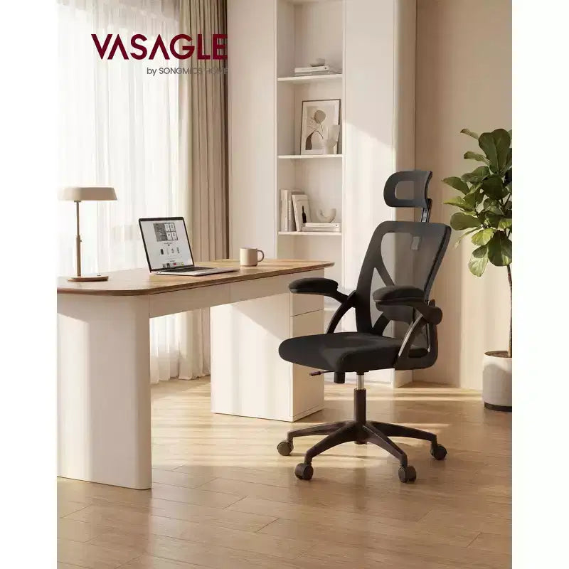 VASAGLE Chaise de Bureau Ergonomique en Maille avec Support Lombaire et Appui-tête Réglables, Fonction d'Inclinaison 90-105°, Siège Large, Accoudoirs Relevables